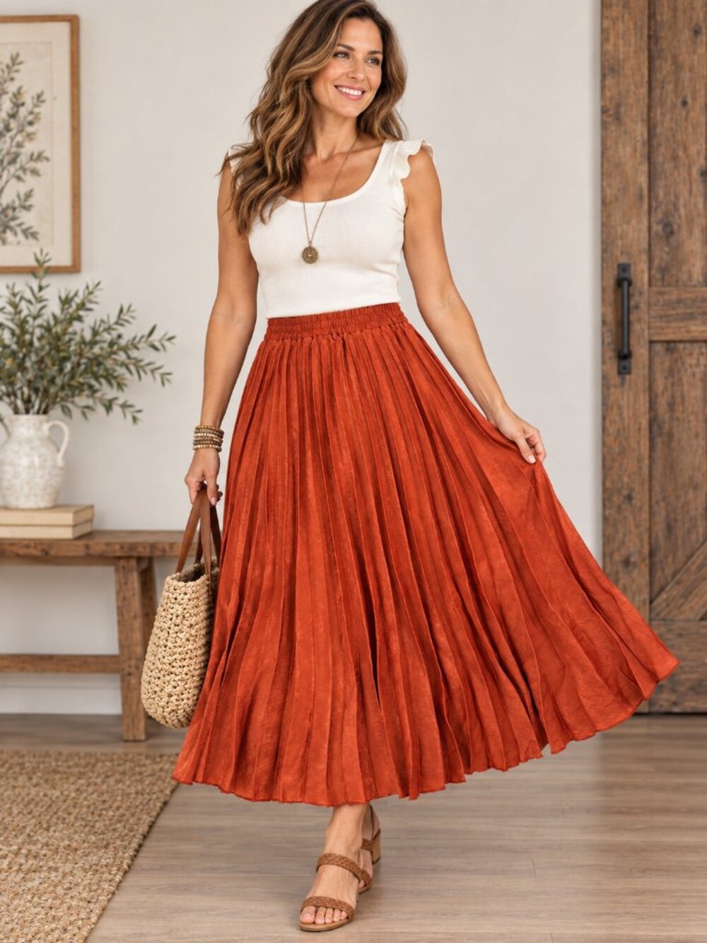 Max Studio M Rust Orange Pleated Midi Maxi Skirt Elastic Waist